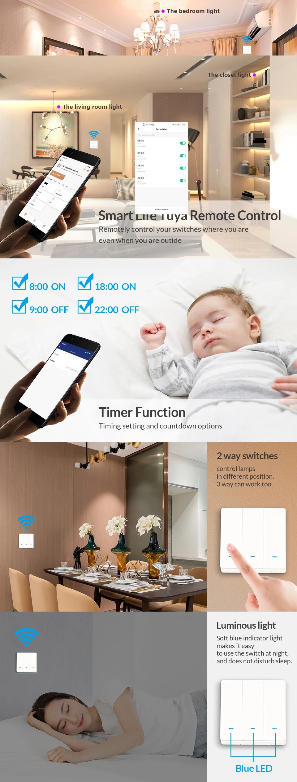 Tuya WiFi RF433 Smart Wall Light Switch – No Neutral, 1/2/3 Gang, Alexa & Google Home Compatible