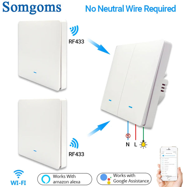 Tuya WiFi RF433 Smart Wall Light Switch – No Neutral, 1/2/3 Gang, Alexa & Google Home Compatible