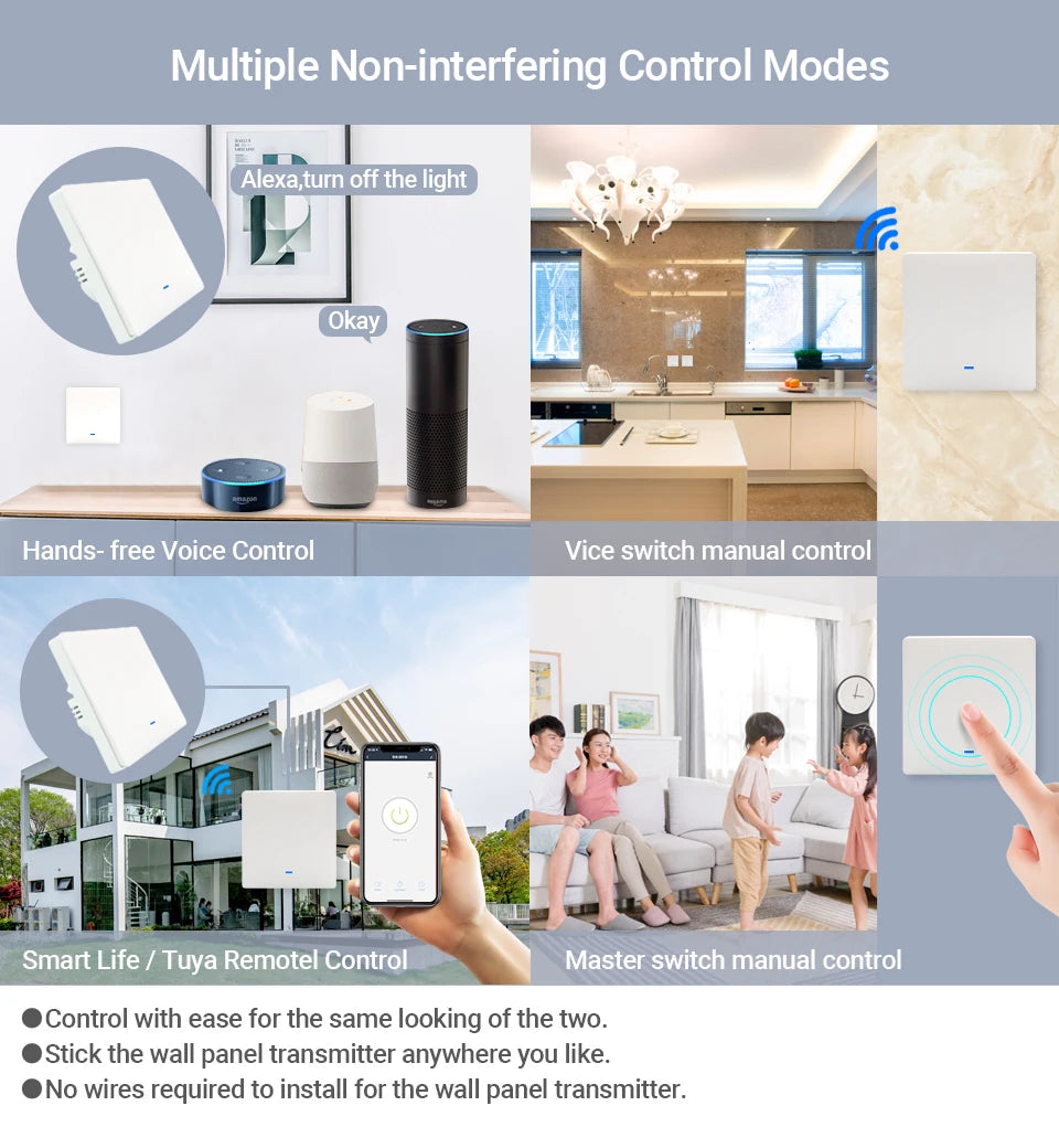 Tuya WiFi RF433 Smart Wall Light Switch – No Neutral, 1/2/3 Gang, Alexa & Google Home Compatible