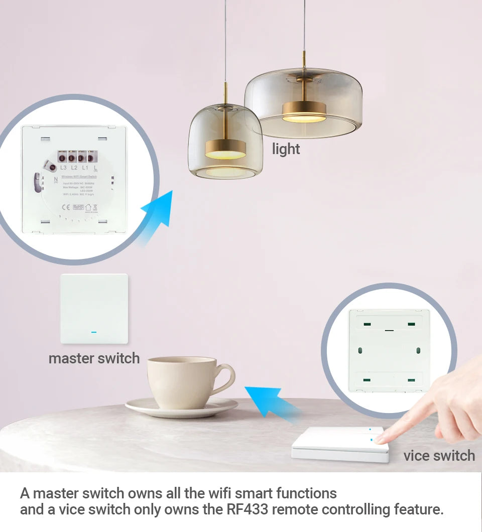 Tuya WiFi RF433 Smart Wall Light Switch – No Neutral, 1/2/3 Gang, Alexa & Google Home Compatible