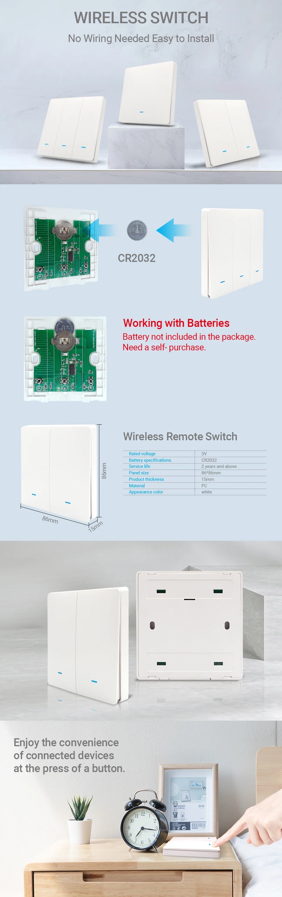 Tuya WiFi RF433 Smart Wall Light Switch – No Neutral, 1/2/3 Gang, Alexa & Google Home Compatible