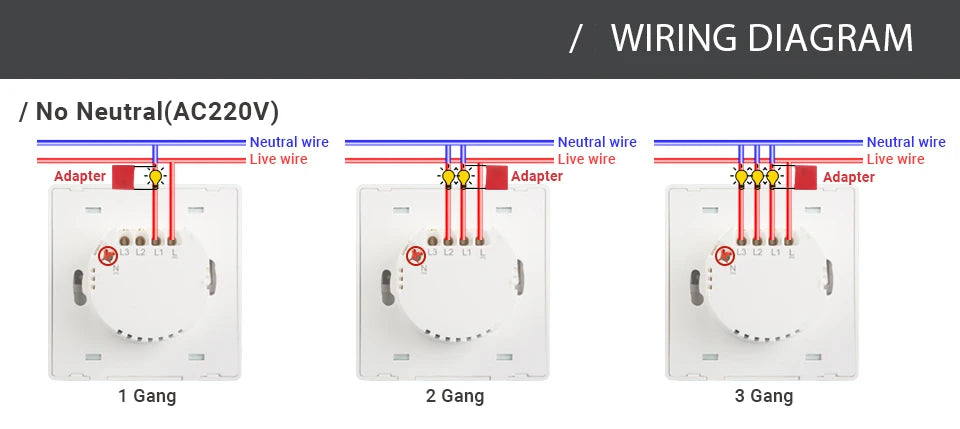 Tuya WiFi RF433 Smart Wall Light Switch – No Neutral, 1/2/3 Gang, Alexa & Google Home Compatible