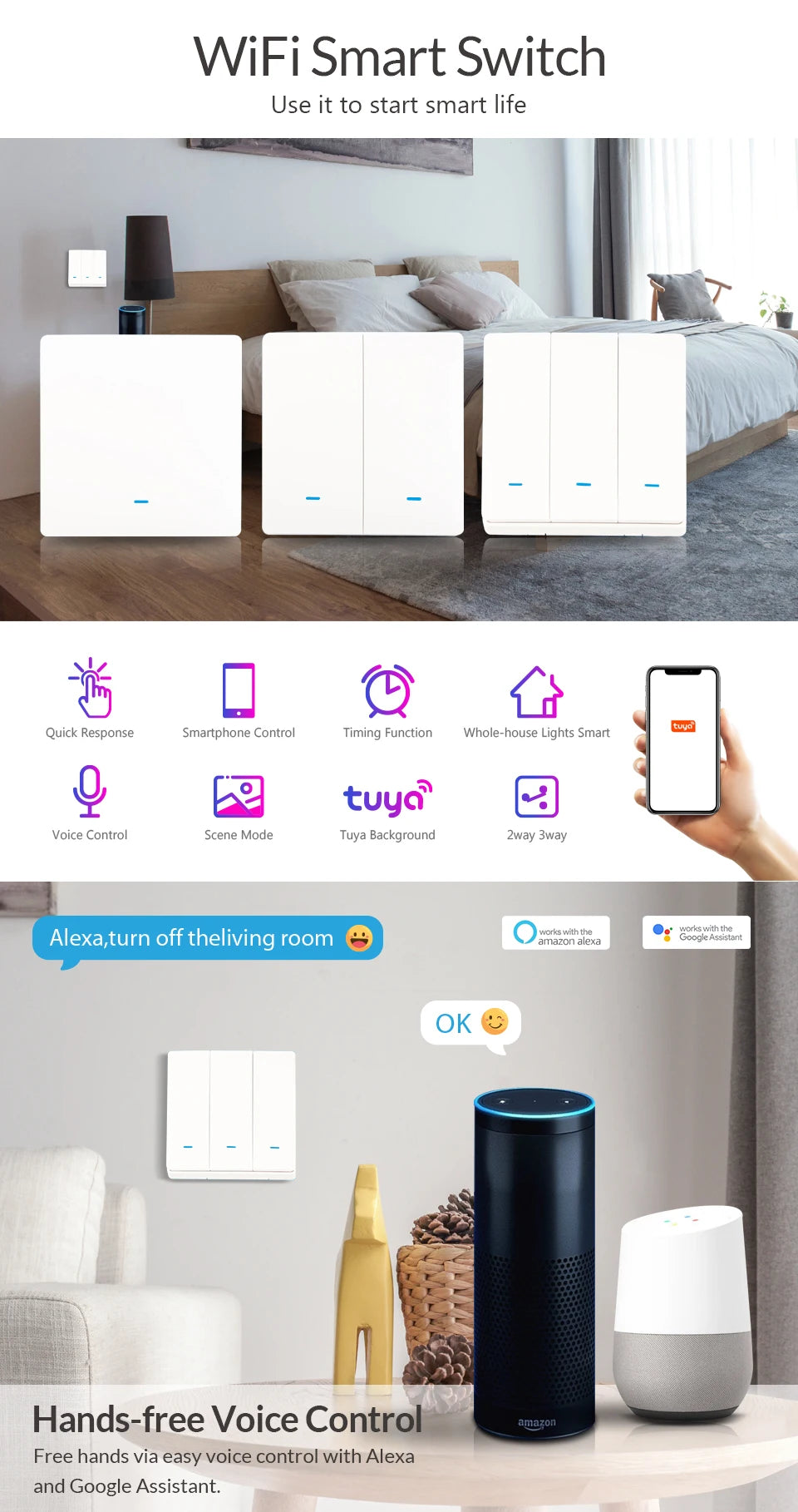 Tuya WiFi RF433 Smart Wall Light Switch – No Neutral, 1/2/3 Gang, Alexa & Google Home Compatible