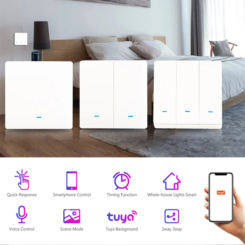 Tuya WiFi RF433 Smart Wall Light Switch – No Neutral, 1/2/3 Gang, Alexa & Google Home Compatible
