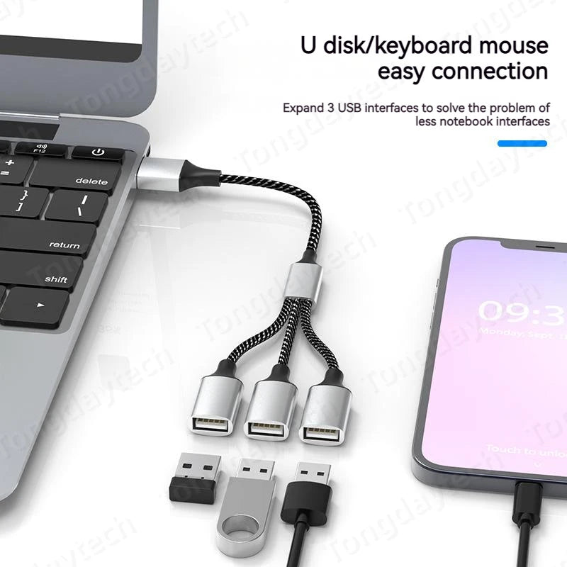 3-Port USB-C Hub Splitter OTG Adapter