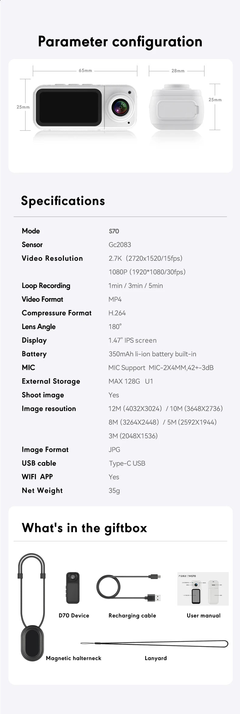 AMORUS Mini 2.7K Thumb Action Camera