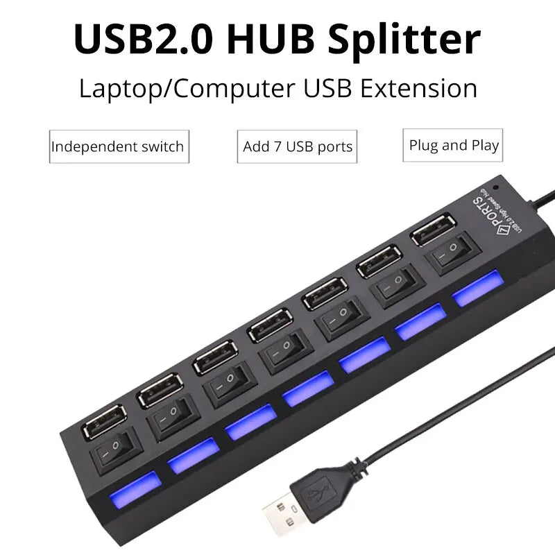7-Port USB 2.0 Hub – Multi-Port Extension Splitter for PC, Laptop & Desktop