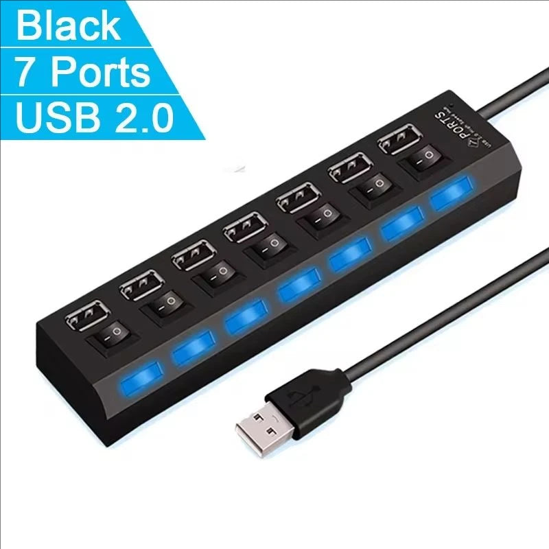 7-Port USB 2.0 Hub – Multi-Port Extension Splitter for PC, Laptop & Desktop