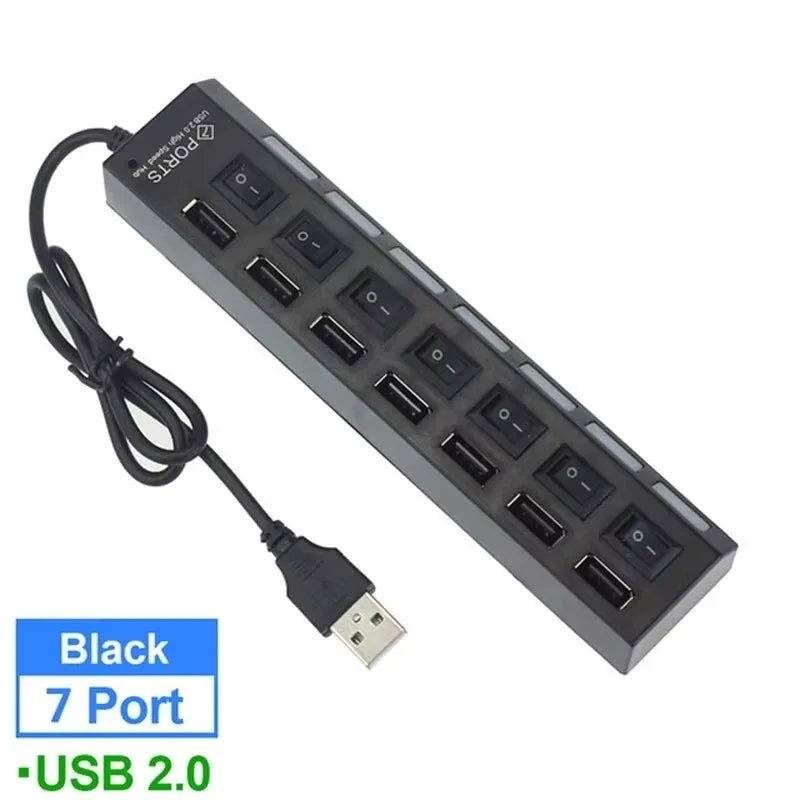 7-Port USB 2.0 Hub – Multi-Port Extension Splitter for PC, Laptop & Desktop