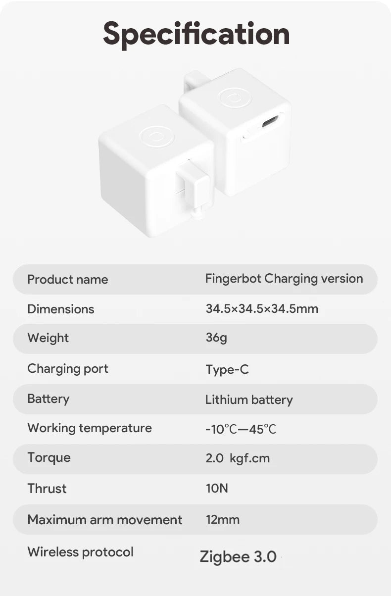 Tuya ZigBee Fingerbot Plus – Type-C Rechargeable Smart Button Pusher for Alexa & Google Home