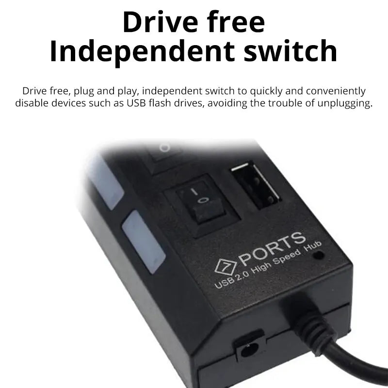 7-Port USB 2.0 Hub – Multi-Port Extension Splitter for PC, Laptop & Desktop