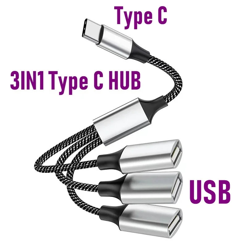 3-Port USB-C Hub Splitter OTG Adapter