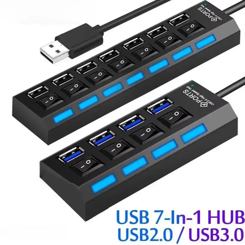 7-Port USB 2.0 Hub – Multi-Port Extension Splitter for PC, Laptop & Desktop