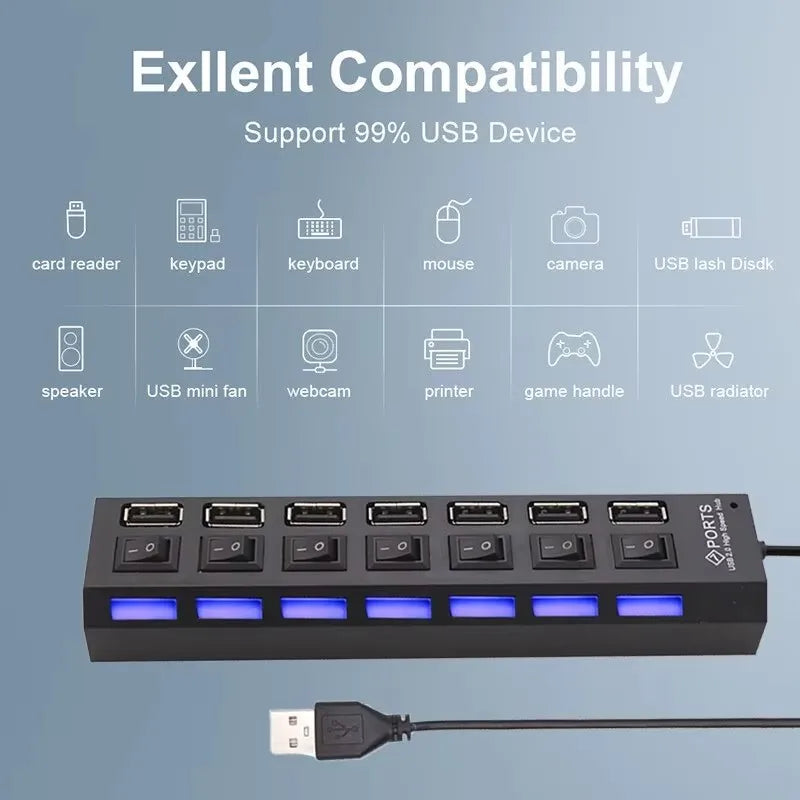 7-Port USB 2.0 Hub – Multi-Port Extension Splitter for PC, Laptop & Desktop