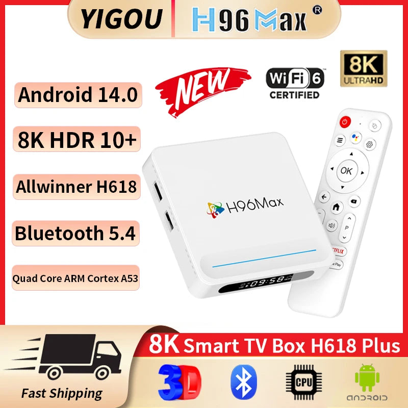 H96 Max H618 Plus Android 14 TV Box – 4GB+128GB, 8K HDR, WiFi 6, BT 5.4, Voice Assistant