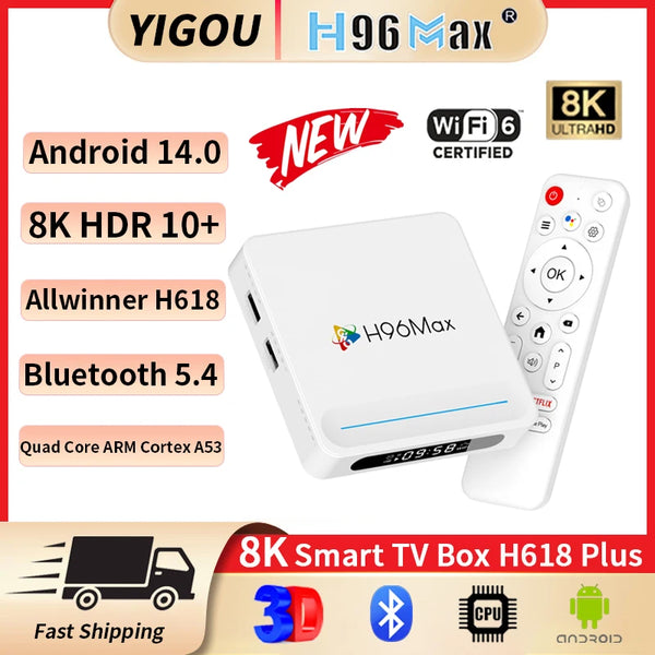 H96 Max H618 Plus Android 14 TV Box – 4GB+128GB, 8K HDR, WiFi 6, BT 5.4, Voice Assistant