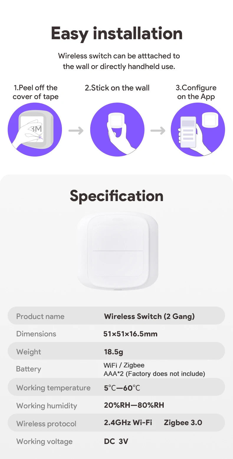 Tuya 2-Gang WiFi/ZigBee Scene Switch – Smart Wall Controller for Smart Life App