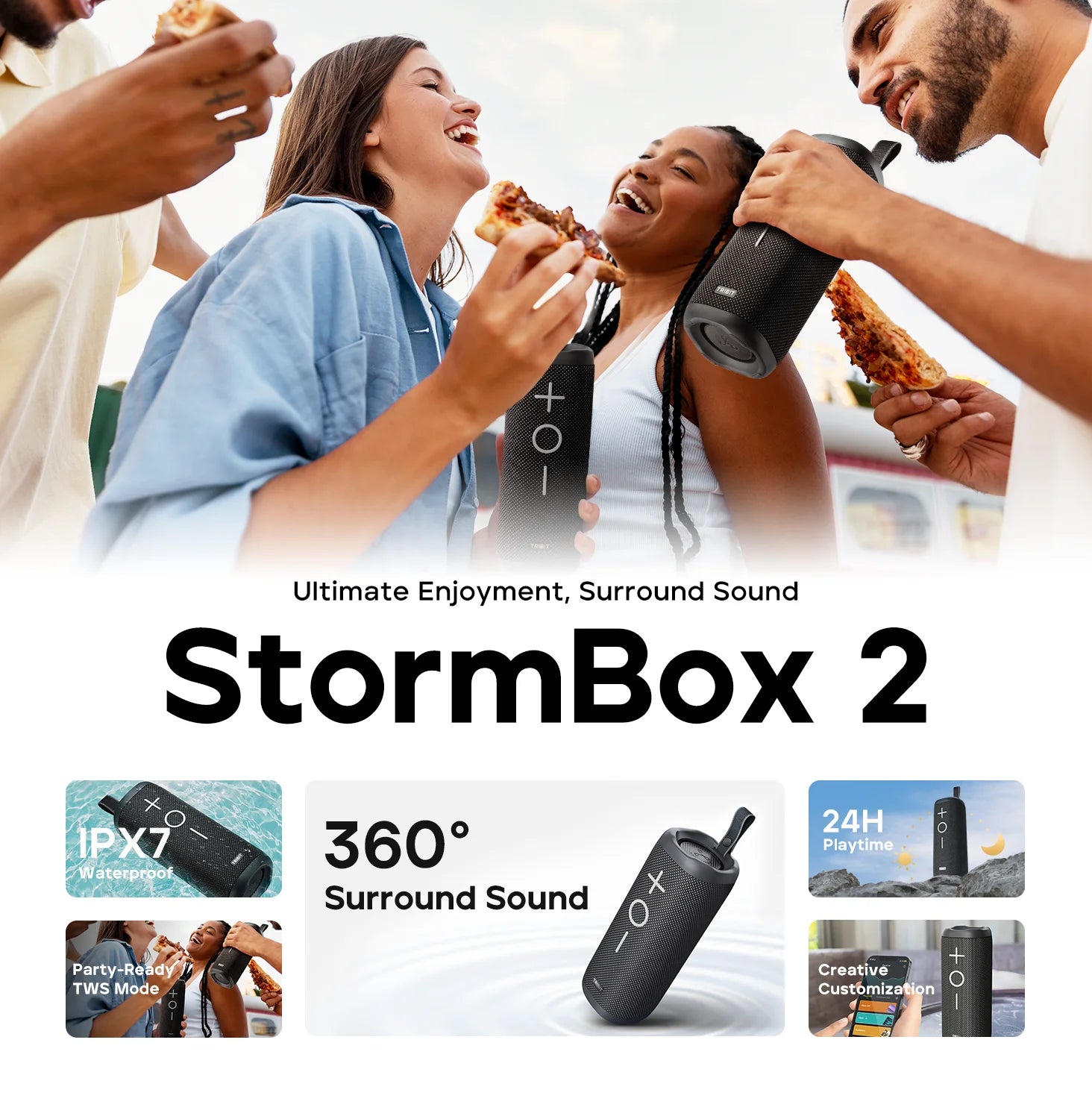 TRIBIT StormBox 2 Portable Bluetooth Speaker – 34W, IPX7 Waterproof, 24-Hour Playtime