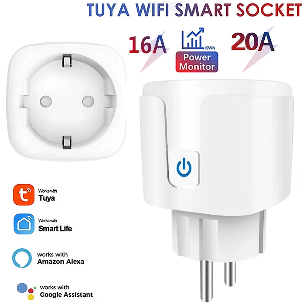 EU Tuya WiFi Smart Socket – 16A/20A Plug with Energy Monitoring & Voice Control