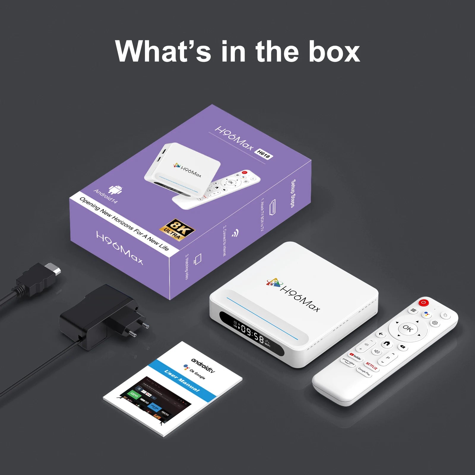 H96 Max H618 Plus Android 14 TV Box – 4GB+128GB, 8K HDR, WiFi 6, BT 5.4, Voice Assistant